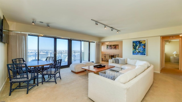 living room with baseboards, light carpet, and rail lighting