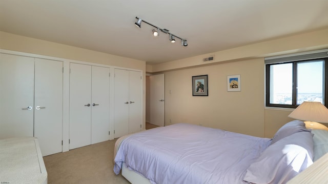 bedroom featuring visible vents, light colored carpet, track lighting, and multiple closets