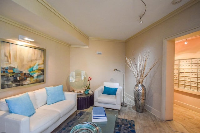 living area with mail area, baseboards, wood tiled floor, and ornamental molding