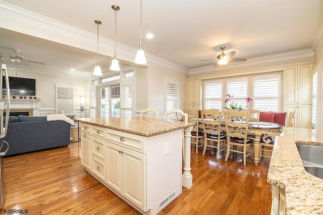 kitchen with light wood finished floors, open floor plan, plenty of natural light, and crown molding