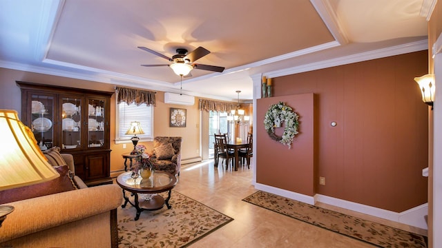 living room with a tray ceiling, ornamental molding, a baseboard heating unit, and a wall mounted AC