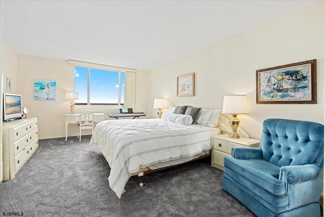 bedroom with dark colored carpet