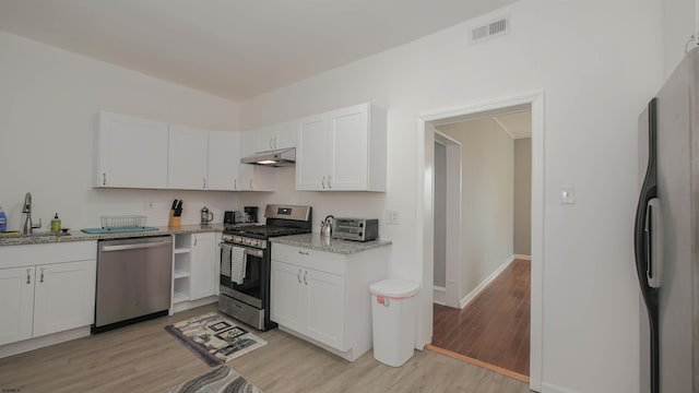 kitchen with visible vents, a sink, under cabinet range hood, appliances with stainless steel finishes, and white cabinetry