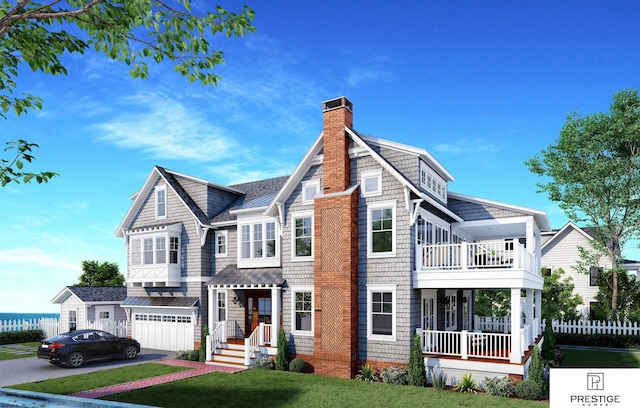 view of front of house featuring fence, aphalt driveway, a front yard, a chimney, and an attached garage