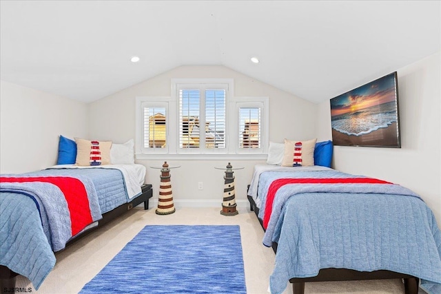 carpeted bedroom with lofted ceiling, recessed lighting, and baseboards