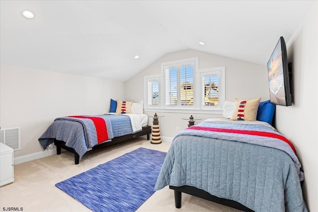 bedroom featuring visible vents, lofted ceiling, baseboards, and carpet flooring