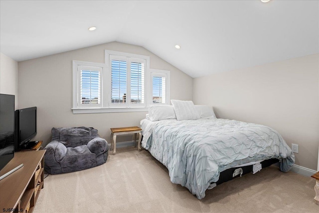 carpeted bedroom with recessed lighting and lofted ceiling