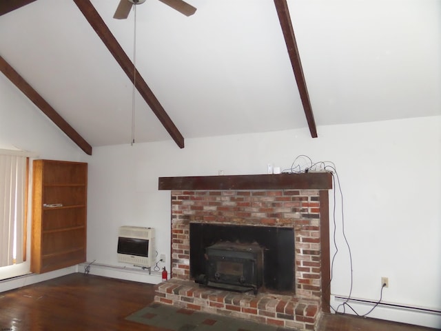 78 Tyler Rd, Greenfield, NJ 08230 - unfurnished living room with heating unit, wood finished floors, baseboard heating, vaulted ceiling with beams, and a wood stove