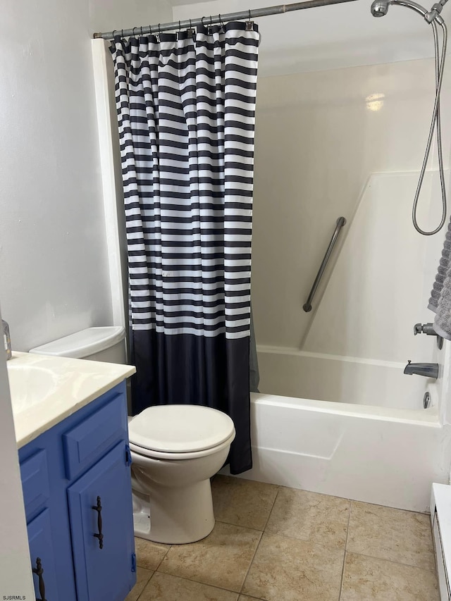 bathroom with toilet, shower / tub combo, tile patterned floors, vanity, and a baseboard radiator