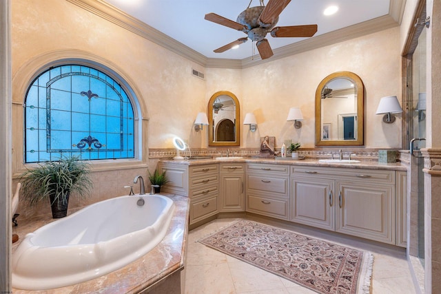 full bath with double vanity, visible vents, ornamental molding, and a sink