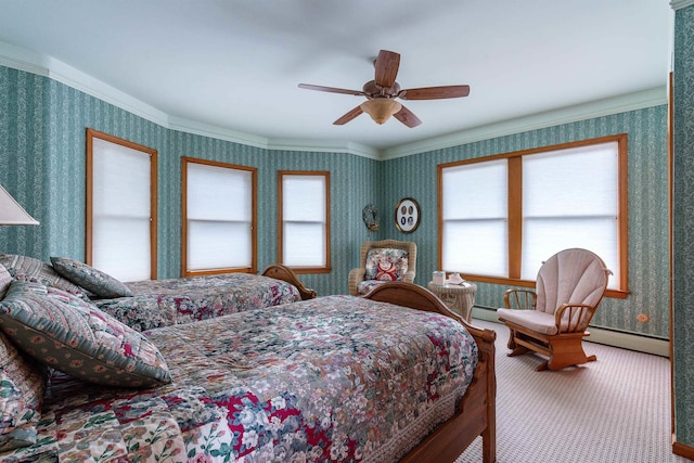 carpeted bedroom with wallpapered walls, multiple windows, and a ceiling fan