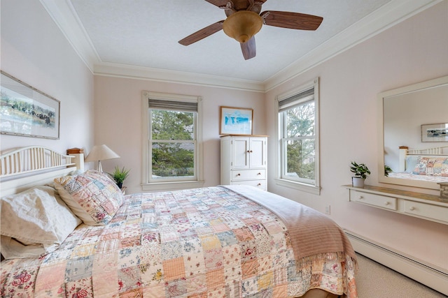 bedroom with ceiling fan, a baseboard radiator, multiple windows, and ornamental molding