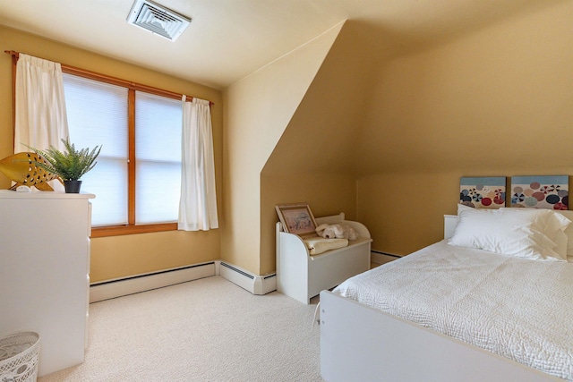 bedroom featuring visible vents, carpet floors, a baseboard heating unit, and a baseboard radiator