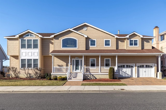 view of front of house with an attached garage, a porch, and driveway