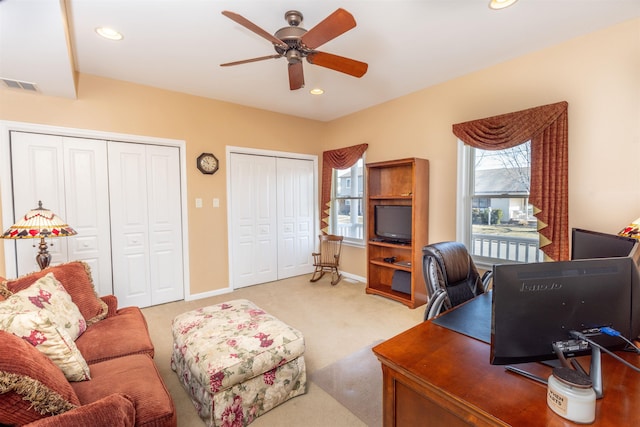 office area featuring visible vents, a ceiling fan, recessed lighting, carpet flooring, and baseboards