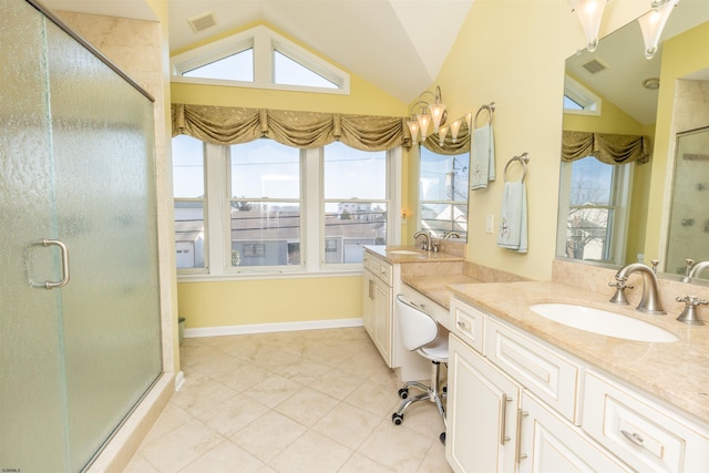 full bathroom with visible vents, a shower stall, vanity, and lofted ceiling