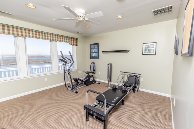 exercise area with carpet flooring, baseboards, and visible vents