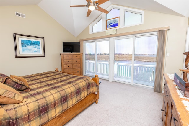 bedroom featuring visible vents, light carpet, high vaulted ceiling, access to exterior, and ceiling fan