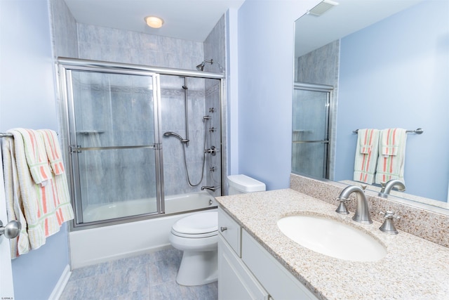 full bath with enclosed tub / shower combo, visible vents, toilet, and vanity