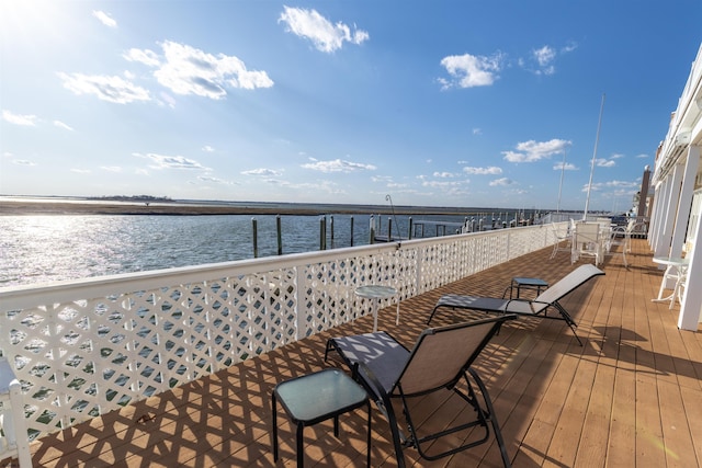 deck featuring a water view