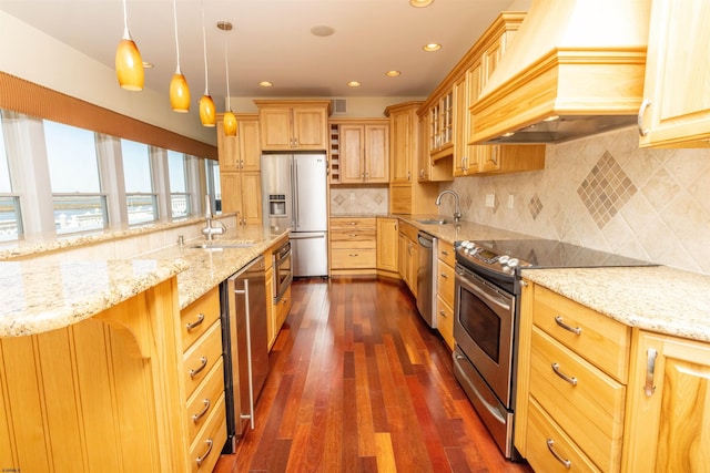 kitchen featuring premium range hood, stainless steel appliances, dark wood finished floors, and a sink