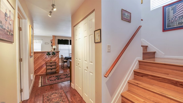 stairway featuring hardwood / wood-style flooring and rail lighting