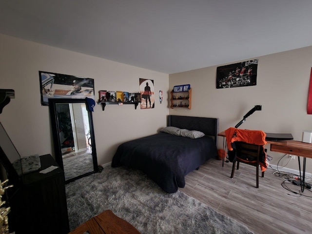 bedroom featuring wood finished floors and access to exterior