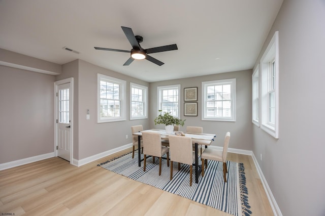 dining space with a ceiling fan, light wood-style flooring, baseboards, and visible vents