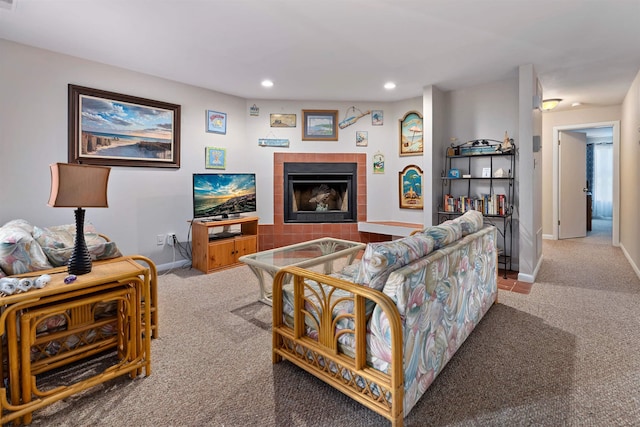 carpeted living room with a fireplace, recessed lighting, and baseboards