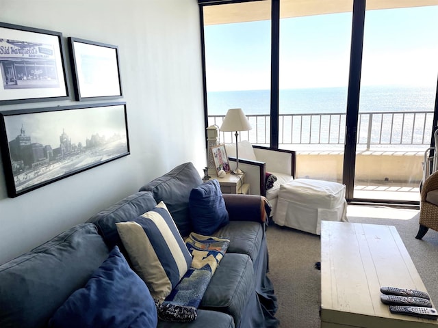 carpeted living area with a water view