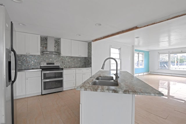 kitchen with backsplash, appliances with stainless steel finishes, white cabinetry, wall chimney exhaust hood, and a sink