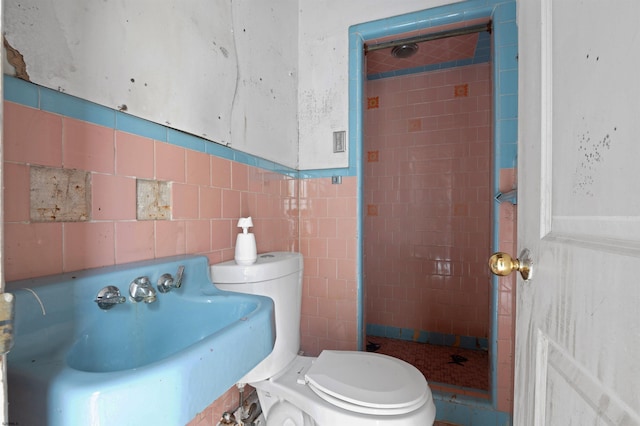 bathroom with a stall shower, a sink, wainscoting, tile walls, and toilet