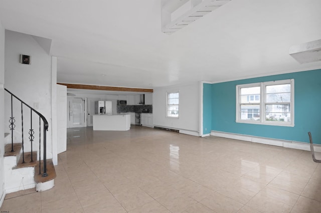 unfurnished living room featuring light tile patterned floors, stairs, baseboards, and a baseboard radiator