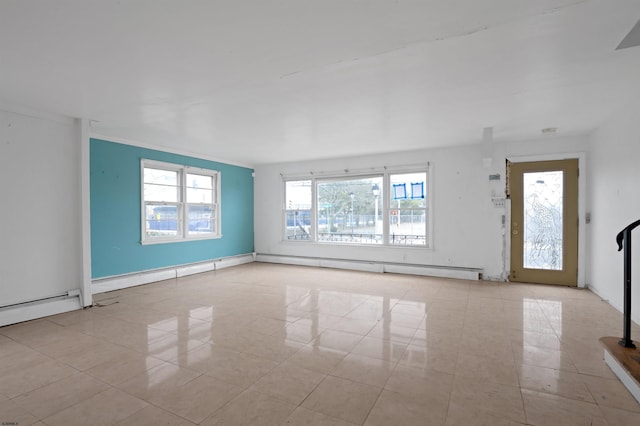 unfurnished living room featuring tile patterned floors, a healthy amount of sunlight, a baseboard heating unit, and crown molding