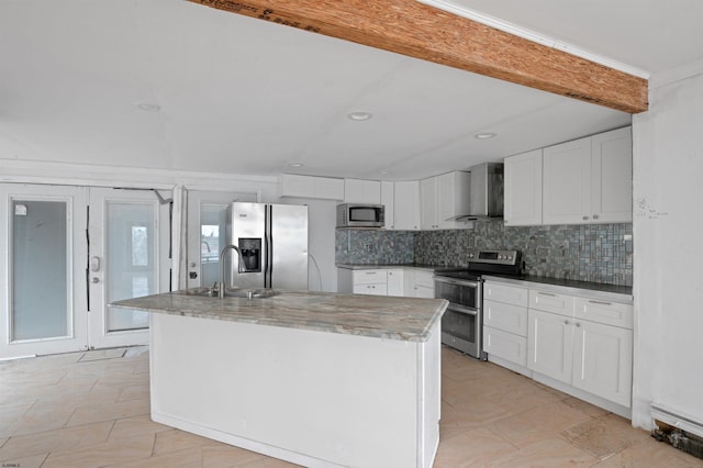 kitchen featuring backsplash, stainless steel appliances, white cabinetry, wall chimney exhaust hood, and a sink