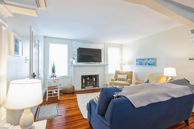 living area with dark wood-type flooring, a fireplace, and a wealth of natural light