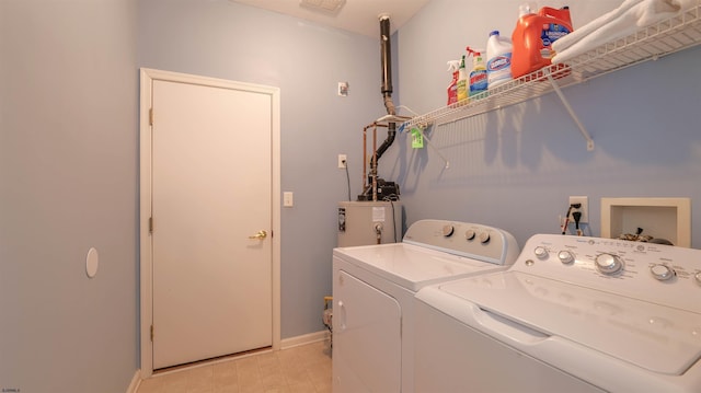 washroom with washer and clothes dryer, laundry area, water heater, and baseboards