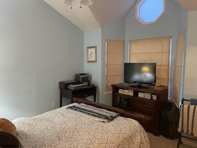 bedroom featuring carpet flooring and vaulted ceiling