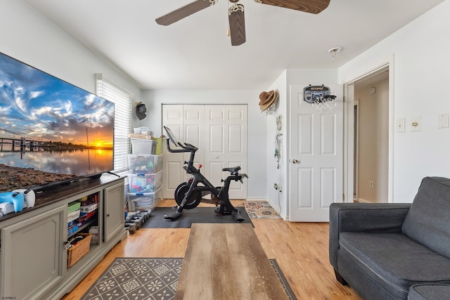 exercise area with ceiling fan and light wood finished floors