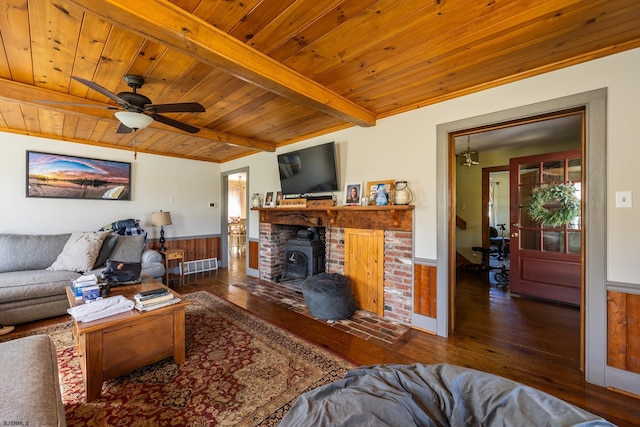 living area with visible vents, beam ceiling, hardwood / wood-style flooring, wainscoting, and wooden ceiling