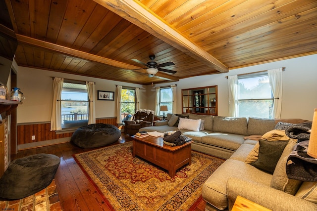 living area featuring beam ceiling, wood ceiling, a wainscoted wall, and wood-type flooring