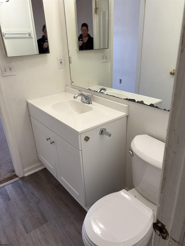 bathroom with toilet, vanity, and wood finished floors