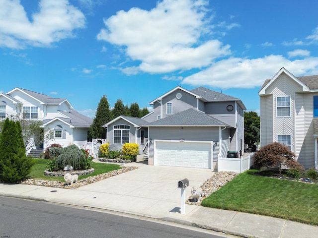 traditional-style home featuring a front yard, an attached garage, fence, and driveway