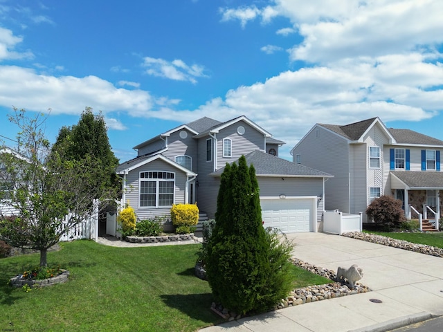 traditional home with a front yard, concrete driveway, an attached garage, and fence