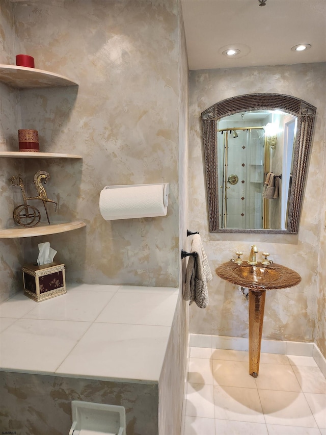 bathroom with tile patterned flooring, recessed lighting, and a shower stall