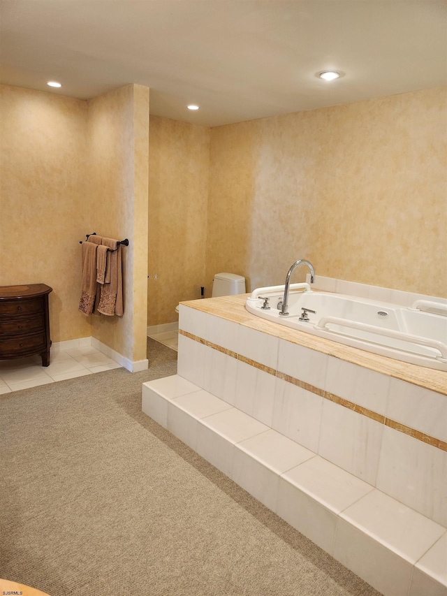 full bathroom with recessed lighting, toilet, a bath, and tile patterned flooring