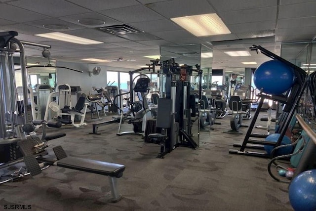 workout area featuring a drop ceiling, visible vents, and carpet flooring