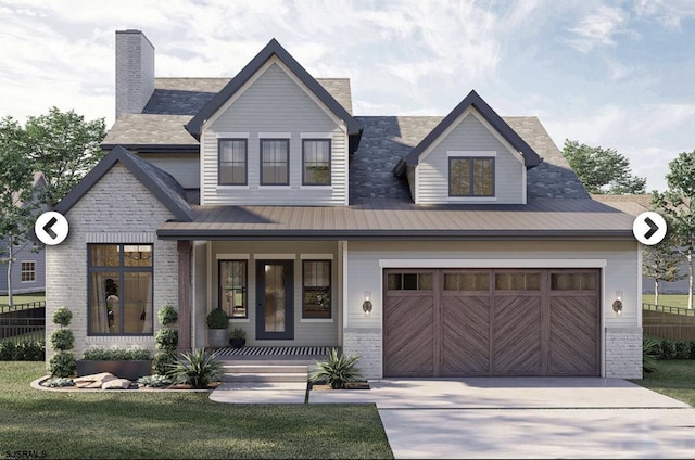 view of front of home with a front lawn, a porch, concrete driveway, an attached garage, and a chimney