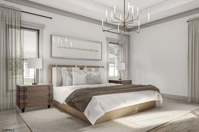 bedroom featuring an inviting chandelier, wood finished floors, and baseboards