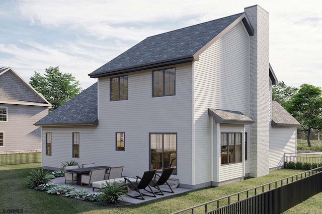 rear view of property with a patio, a yard, fence, and a chimney